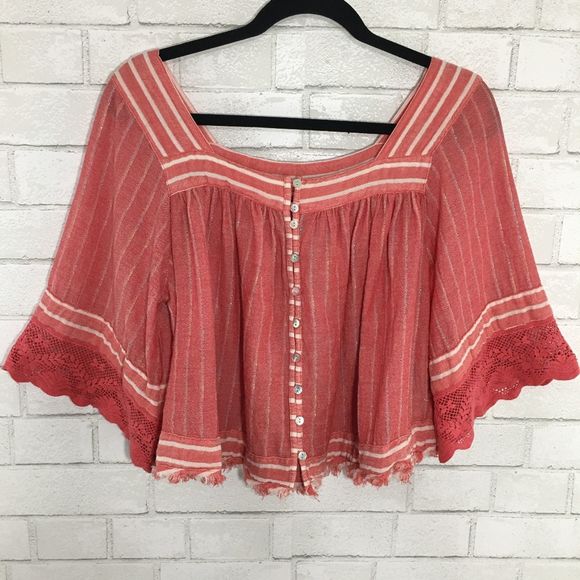 Free People Tops - Free People Striped Coral Button Up Crop Top, XS